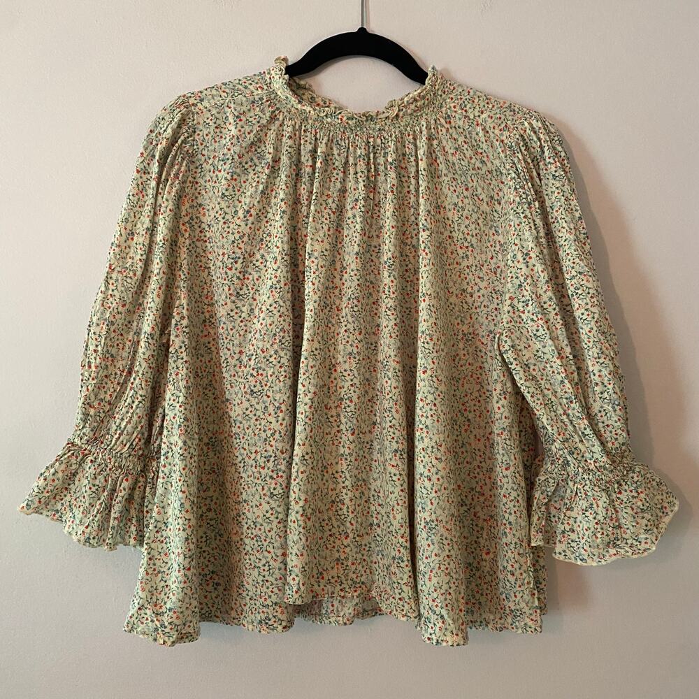 Free People White Red Green Floral Flowy Peasant 3/4 Sleeve Blouse Women's Small